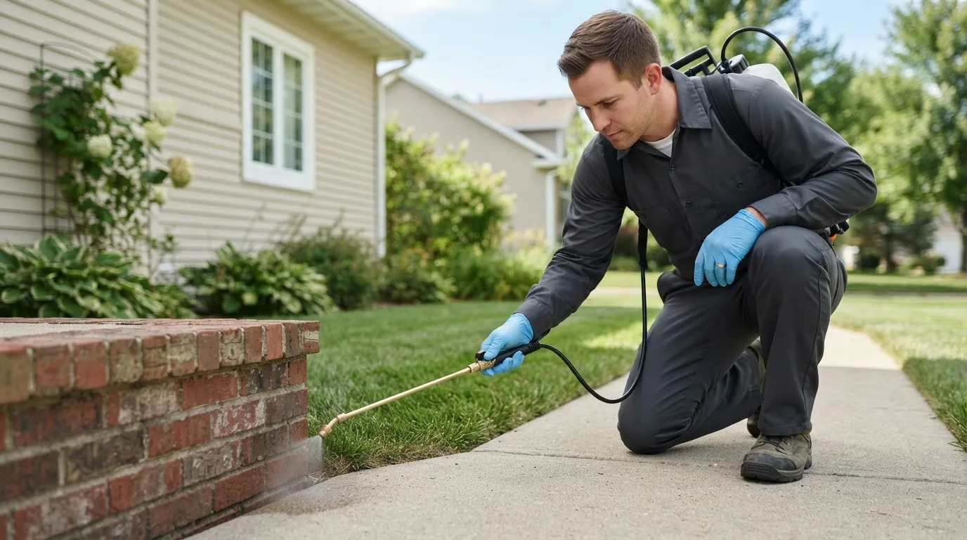 Pest control technician treating a home near Carlinville, IL
