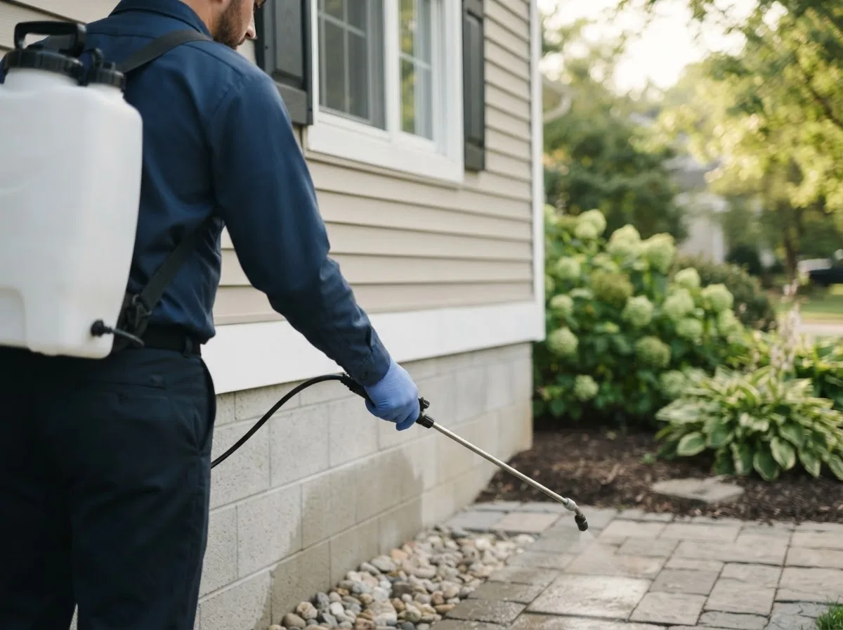 Pest control technician inspecting a home in Carlinville, IL